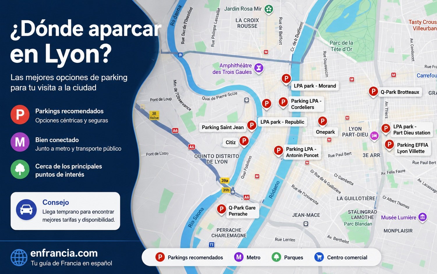 Dónde aparcar en Lyon: gratis, de pago, parkings relais y consejos